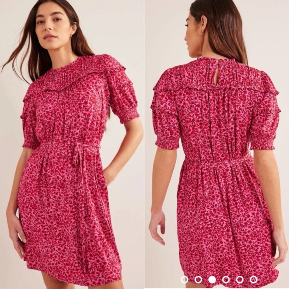 Boden Yoke Detail Jersey Mini Dress Pink Floral Tie Waist Women Size 20-22R NWT